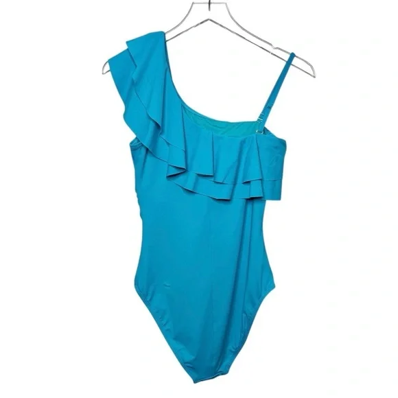 NEW Tahari Teal Blue One Shoulder Ruffle Women’s One piece Swinsuit Sz 6 - Picture 8 of 11